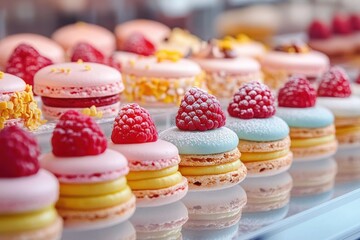 Fototapeta premium pastel macarons topped with fresh raspberries and dusted with powdered sugar on a reflective glass display, inviting delicate joyful indulgence