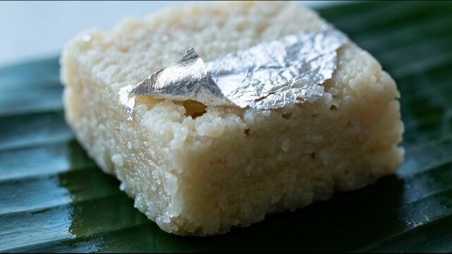 Close Up of Square White Barfi Dessert with Silver Leaf on Green Banana Leaf
