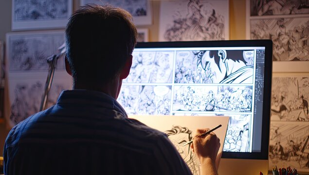 Artist working on a digital storyboard on a computer screen.