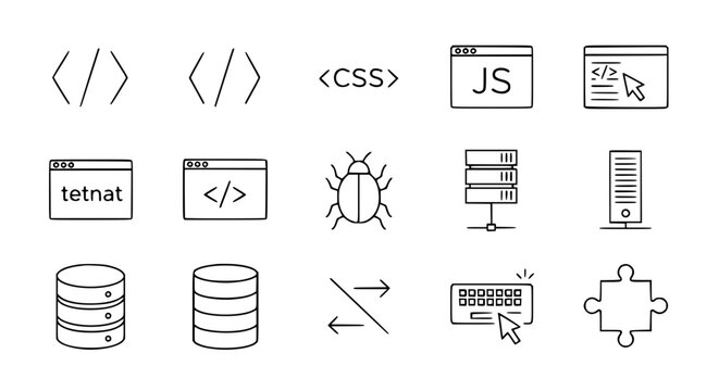 Collection of technology and coding icons including computer hardware, programming symbols, and network elements