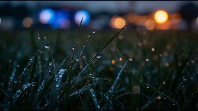 Close up of wet green grass blades with dew drops and blurred city lights bokeh at dusk