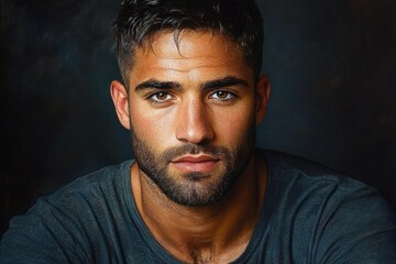 Obraz premium Portrait of a person in a blue shirt against a dark textured backdrop with studio lighting, conveying calm and contemplative mood