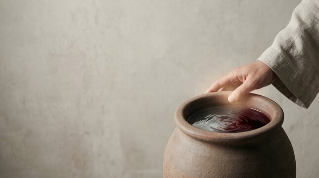 Hand reaching into a clay pot filled with water, symbolizing a biblical miracle.