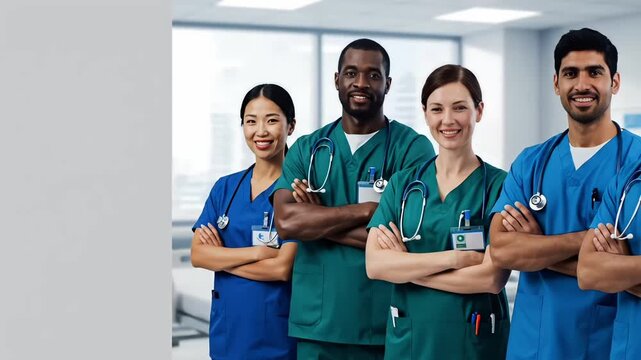 International nurses day medical teamwork celebration showing professional doctor and nurse group portrait inside hospital clinic environment representing healthcare medicine caregiver dedication