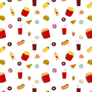Seamless fast food pattern with burgers and snacks