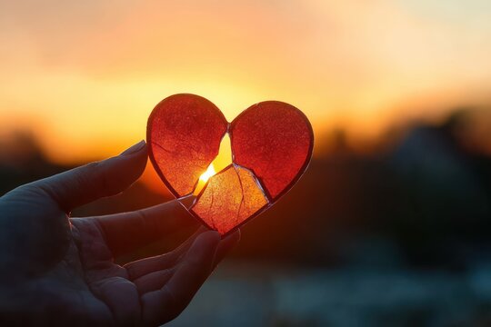 Hand holding a cracked translucent red heart against a golden sunset, evoking heartbreak and fragile hope