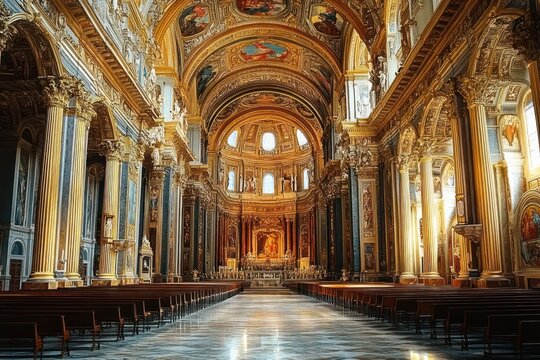 Interior of a grand gilded church with ornate arches, tall columns, vaulted ceiling, pews, and a glowing altar at the end, evoking awe and reverence.