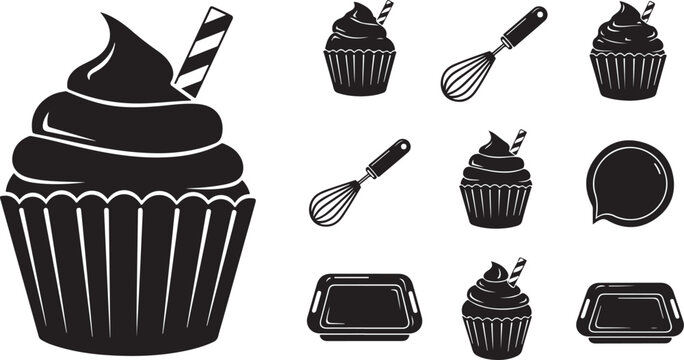 Black and white cupcake icons and baking tools