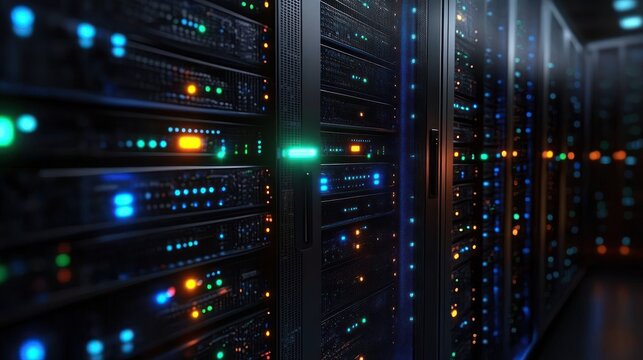 illuminated server racks in a dark data center aisle conveying a futuristic high-tech atmosphere of efficiency and security