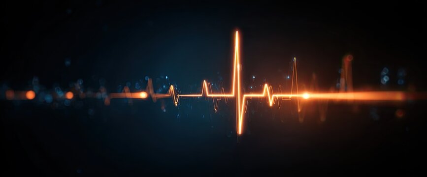 Glowing Orange Heartbeat Line on Dark Background with Lens Flares.