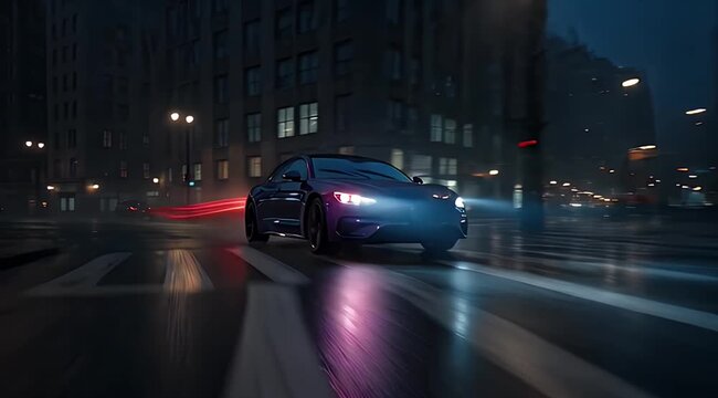 Sleek dark car speeding on a wet city street at night, headlights cutting through gloom
