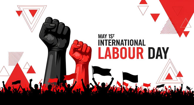 International labour day protest illustration with raised worker fists crowd flags and rally silhouettes representing solidarity rights movement and workers celebration