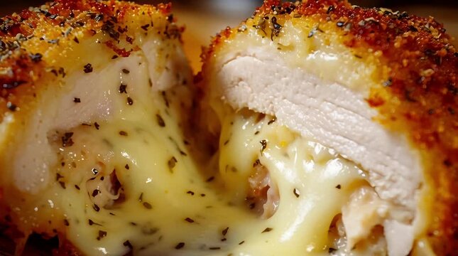Melting cheese oozing from a golden-brown cordon bleu dish