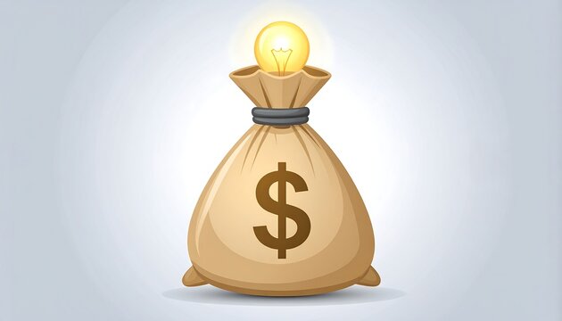 Cartoon illustration featuring a brown money bag with a dollar sign. A glowing lightbulb emerges