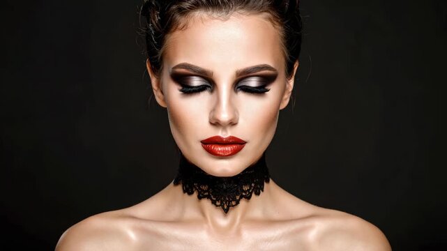 Woman with dramatic makeup red lips and black lace choker on dark background