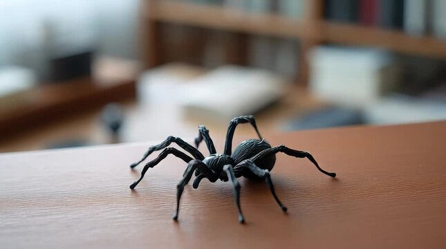 Rubber spider toy moving across a desk