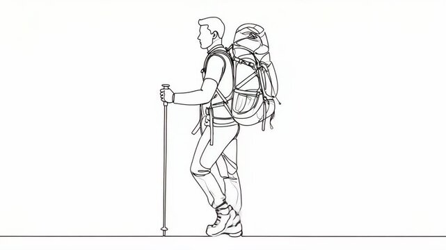 Single continuous line drawing of a hiker with a large backpack and trekking pole