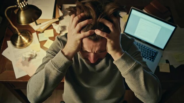 Stressed office manager holding head in hands at messy desk with laptop and sticky notes at night, concept for professional burnout, mental health awareness and business deadline pressure