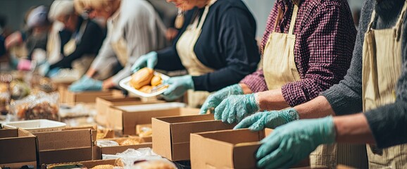 Fototapeta premium Volunteers in gloves packing food into boxes for charity.