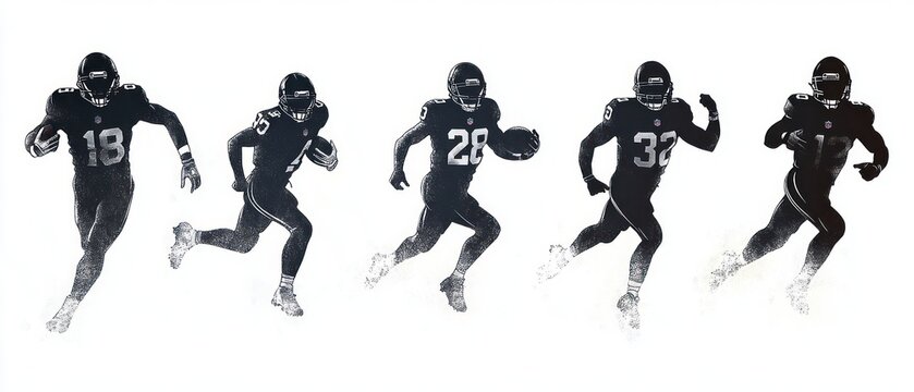five helmeted football players in dark uniforms sprinting with the ball across a white background, kicking up dust and conveying speed, determination, and competitive intensity