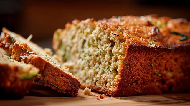 A knife slicing through freshly baked zucchini bread, showcasing its soft and moist interior.