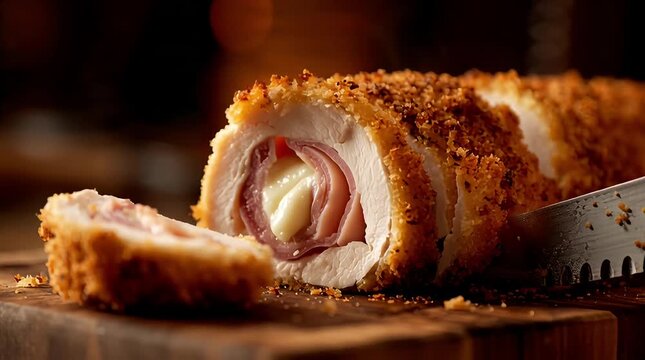 A knife slicing through a perfectly cooked cordon bleu, revealing its delicious layers.