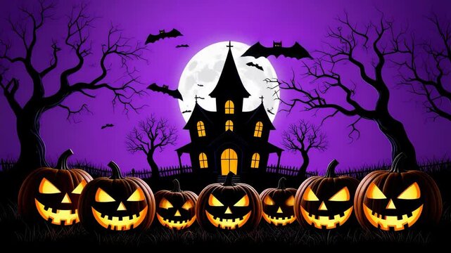 Scary Halloween night scene with glowing jack-o-lanterns, haunted house, bats and full moon