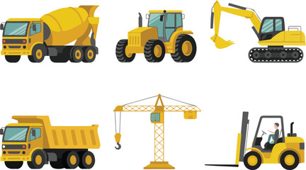 Construction machinery vector illustration set featuring excavator forklift crane dump truck concrete mixer and tractor for industrial building engineering projects © MDABU