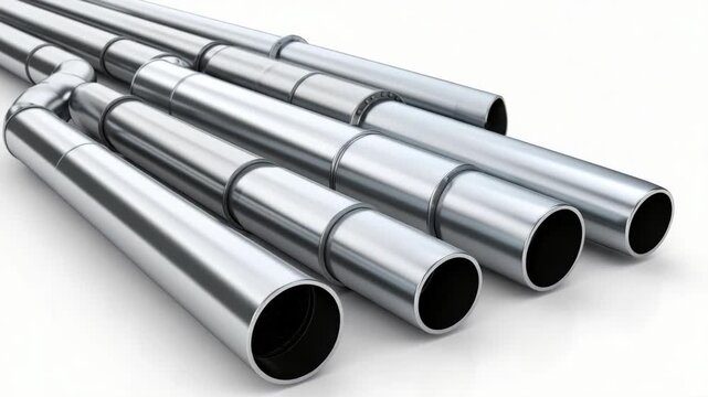 Closeup of polished metallic tubes arranged in a diagonal line against a white background