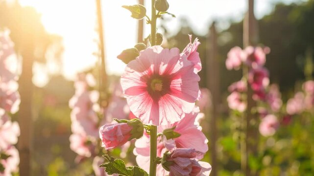Close-up of pink hollyhocks bathed in soft golden sunlight, creating a dreamy garden scene