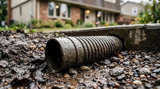 Corrugated drainage pipe lying in muddy ground, designed to redirect rainwater away from a suburban house, showcasing residential stormwater management solutions and property protection