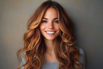 Fototapeta premium Person with long wavy auburn hair and subtle highlights wearing a grey top, poised and calm against a soft textured neutral backdrop