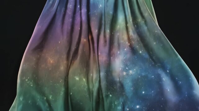 Iridescent Silk Billowing Floating Dark Background Catching Light Galaxy.