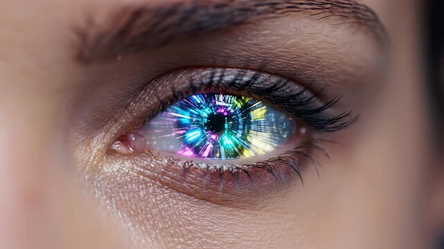 Woman Eye Reflecting Abstract Colorful Data Feed Calm Focused Expression Cinematic.