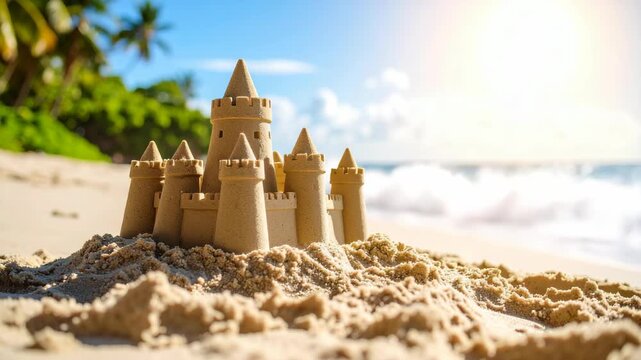 Intricate sandcastle with multiple towers and turrets on a sunny tropical beach near the ocean