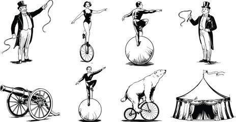 Vintage circus performers set, ringmaster acrobat unicycle rider cannon bear and tent retro engraving style illustration collection © MstRashrda