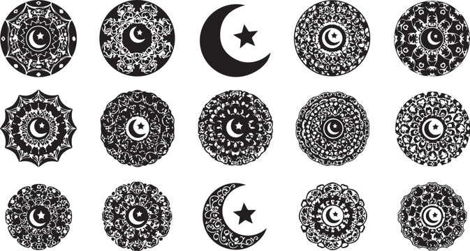 Black and white mandala designs with moon and star