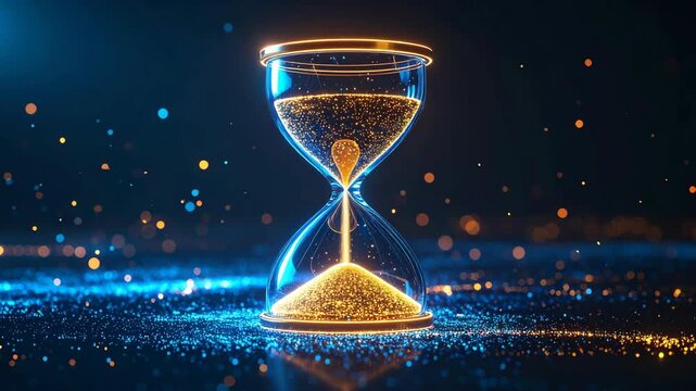 Futuristic hourglass with glowing golden sand falling against a dark blue digital background with bokeh lights