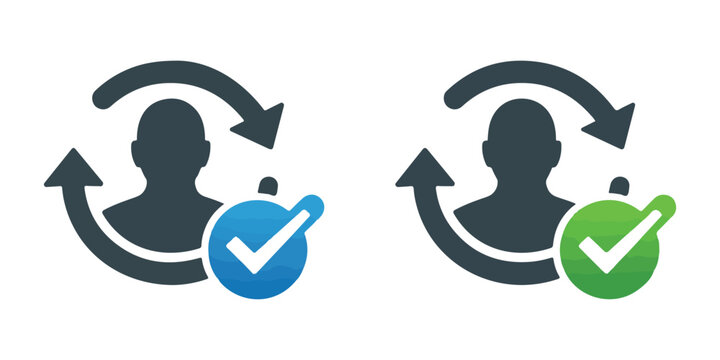 User profile check mark icon with round arrows in blue and green gradients isolated on white background