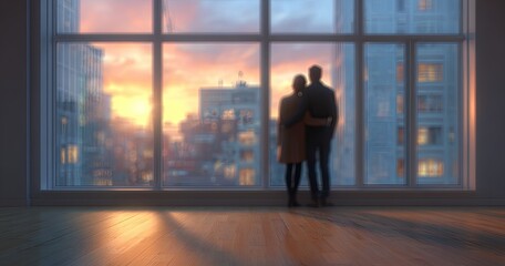 Fototapeta premium Couple Silhouetted Against a Stunning Sunset View from a Modern Apartment Window.