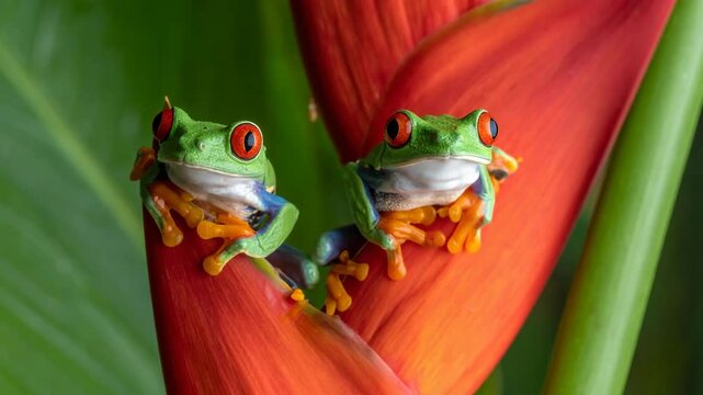 Two vibrant red eyed tree frogs perched on a bright orange tropical flower with lush green foliage