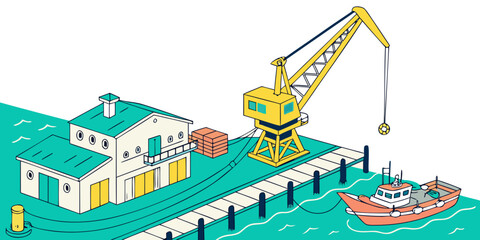 Fototapeta premium A crane is lifting a cargo onto a boat near a warehouse Vector