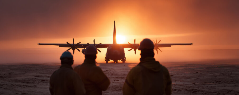 Three soldiers watch a military cargo plane during a sunset on a barren landscape.