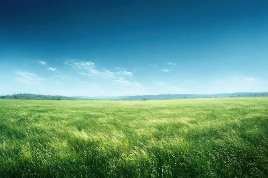 expansive sunlit green grass meadow under a clear blue sky with a few clouds and distant tree line, calm and peaceful open landscape