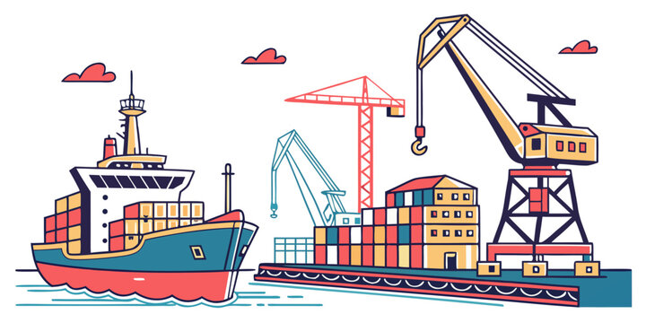 Cargo ship and crane loading containers at port Vector