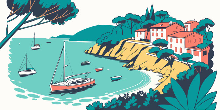 A red boat sailing in the water near a cliffside town Vector