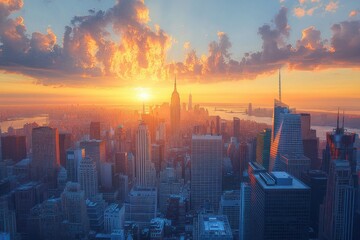 Fototapeta premium golden sunrise over an expansive city skyline with towering skyscrapers, harbor on the horizon, dramatic clouds and a serene awe-inspiring glow