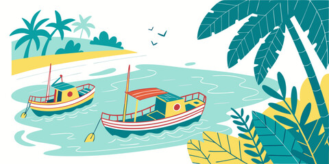 Boats are anchored near a tropical beach Vector © MST CHIN BANU BEGUM
