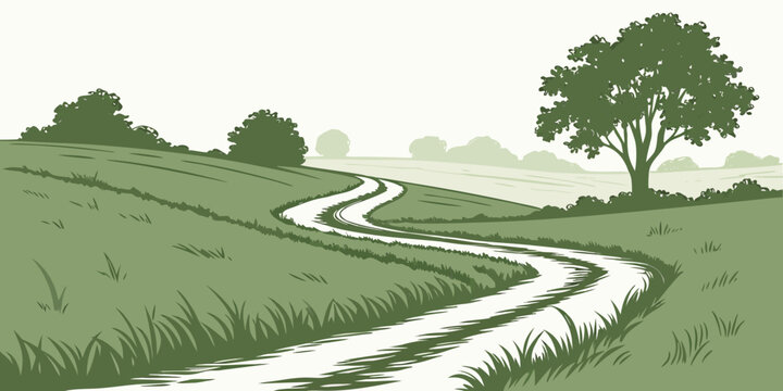 A winding dirt road through a green landscape Vector