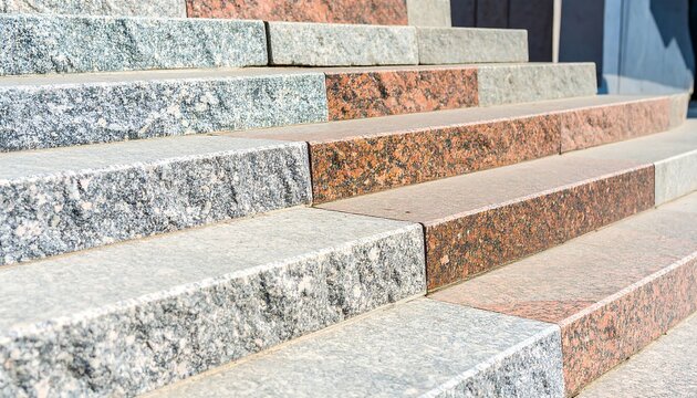 Close-up of a staircase with alternating red and grey granite steps and risers in an outdoor setting. Well-lit, showing texture and pattern